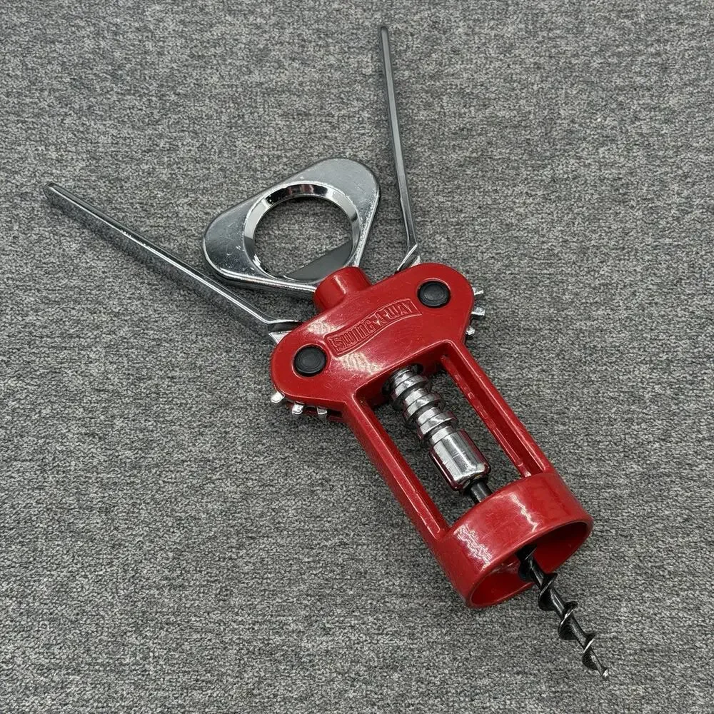 VTG Solid Metal Wine Bottle Opener Red Winged Corkscrew Swingaway Made in Italy